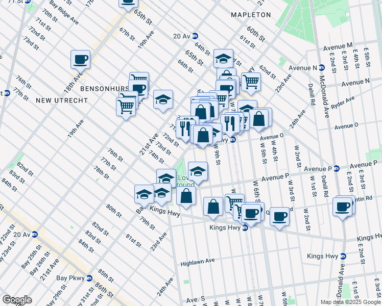map of restaurants, bars, coffee shops, grocery stores, and more near 1527 West 11th Street in Brooklyn