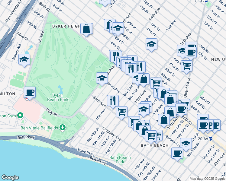 map of restaurants, bars, coffee shops, grocery stores, and more near 8691 15th Avenue in Brooklyn