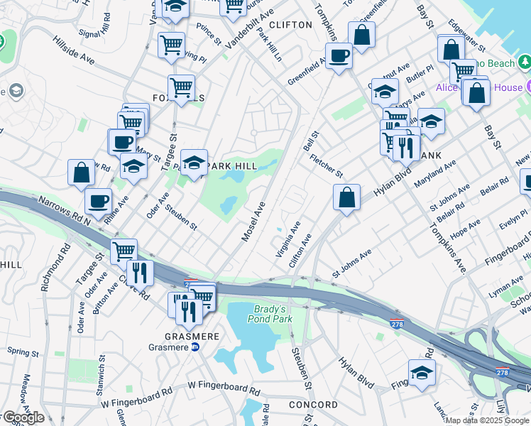 map of restaurants, bars, coffee shops, grocery stores, and more near 241 Mosel Avenue in Staten Island