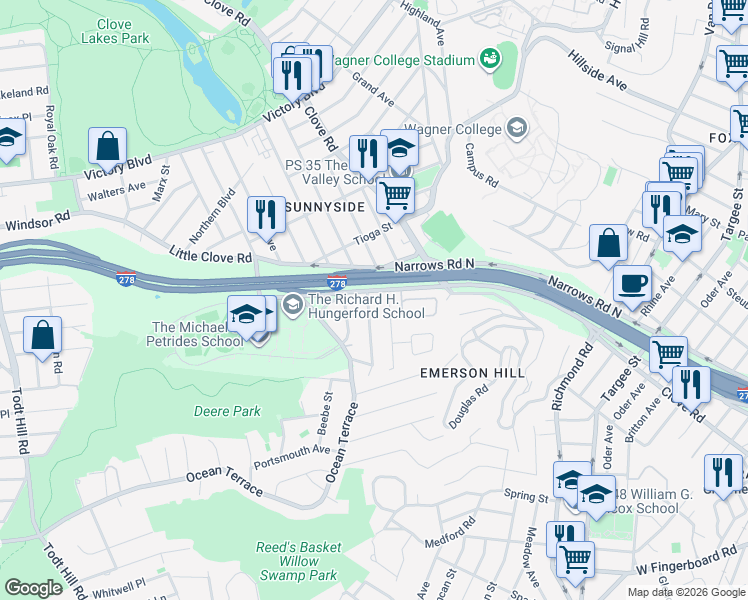map of restaurants, bars, coffee shops, grocery stores, and more near 26 Hewitt Avenue in Staten Island