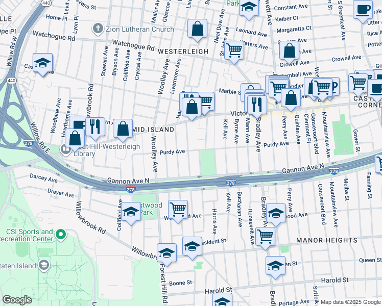 map of restaurants, bars, coffee shops, grocery stores, and more near 84 Warwick Avenue in Staten Island