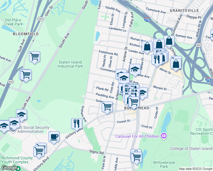 map of restaurants, bars, coffee shops, grocery stores, and more near 35 Plank Road in Staten Island