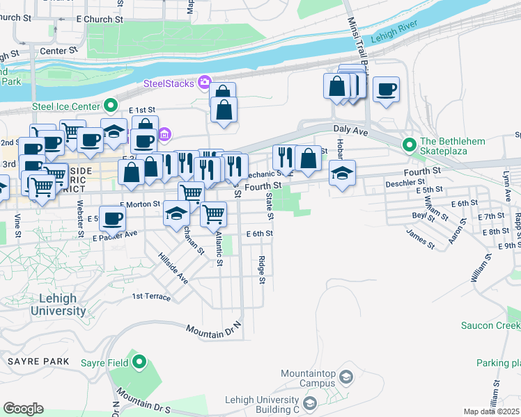 map of restaurants, bars, coffee shops, grocery stores, and more near 940 East 5th Street in Bethlehem