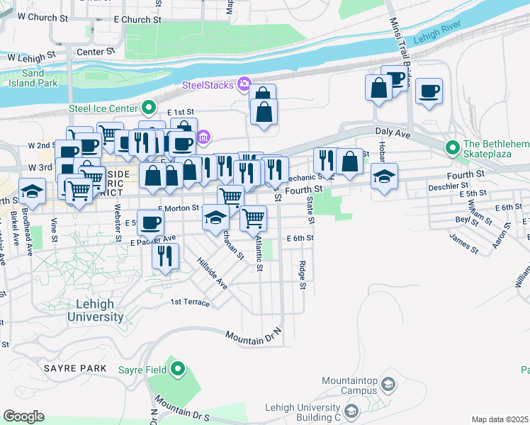 map of restaurants, bars, coffee shops, grocery stores, and more near 752 East 5th Street in Bethlehem