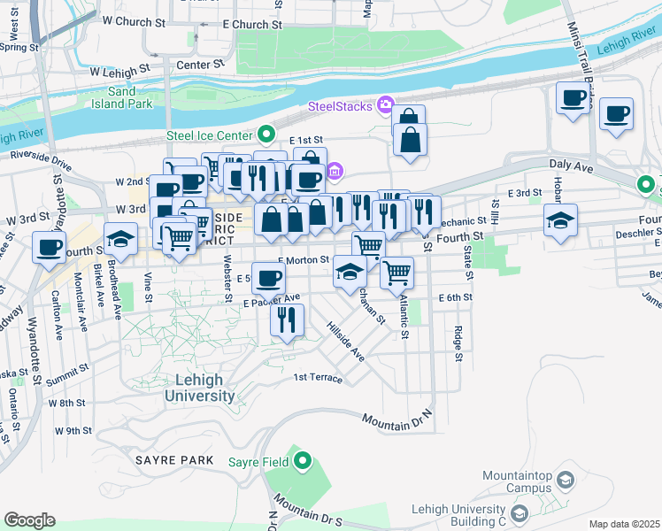 map of restaurants, bars, coffee shops, grocery stores, and more near 602 East 5th Street in Bethlehem