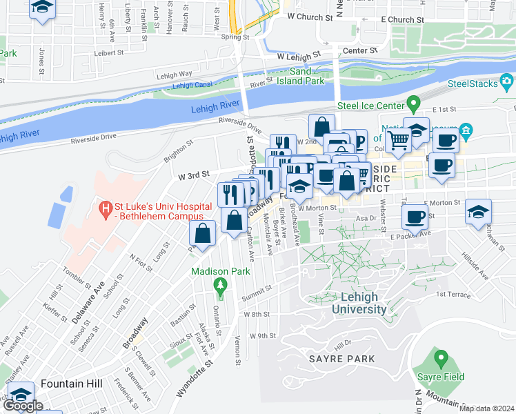 map of restaurants, bars, coffee shops, grocery stores, and more near in Bethlehem