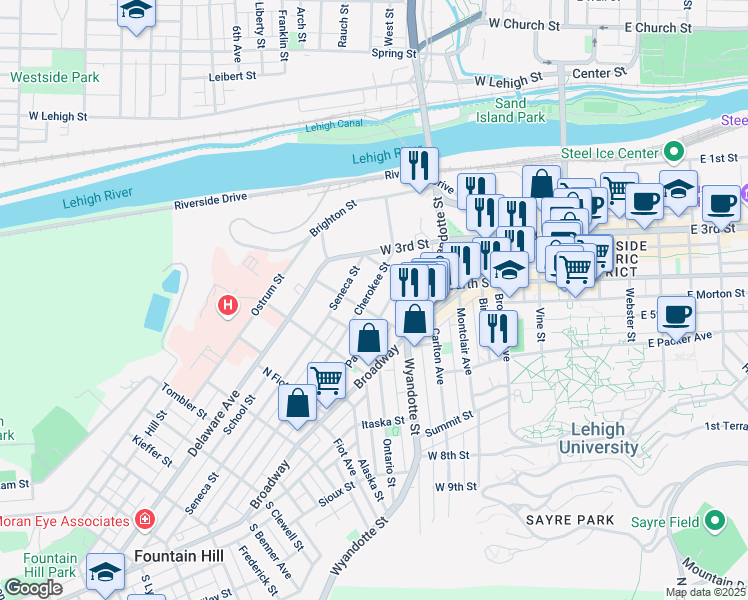 map of restaurants, bars, coffee shops, grocery stores, and more near 614 Dakotah Street in Bethlehem