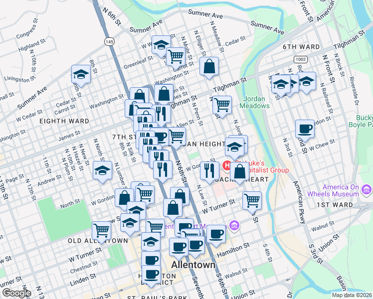 map of restaurants, bars, coffee shops, grocery stores, and more near 439 North 6th Street in Allentown