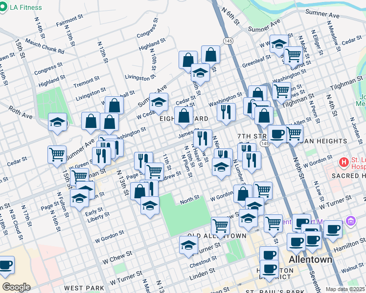 map of restaurants, bars, coffee shops, grocery stores, and more near 639 North Howard Street in Allentown