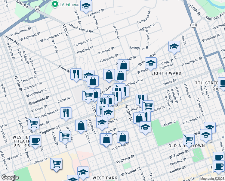 map of restaurants, bars, coffee shops, grocery stores, and more near 1328-1362 West Washington Street in Allentown