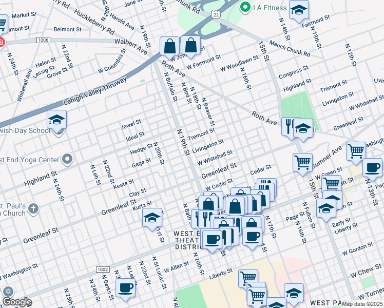 map of restaurants, bars, coffee shops, grocery stores, and more near 1835 West Whitehall Street in Allentown