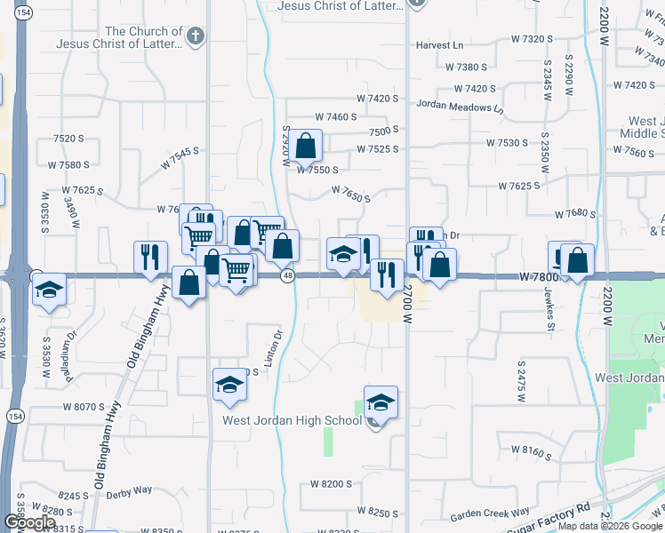 map of restaurants, bars, coffee shops, grocery stores, and more near 7778 Strawberry Loop in West Jordan