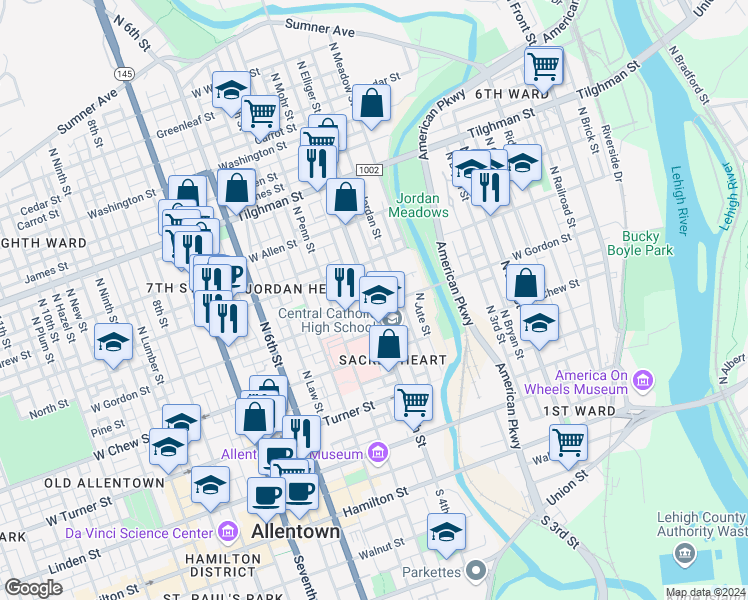 map of restaurants, bars, coffee shops, grocery stores, and more near 405 North 4th Street in Allentown