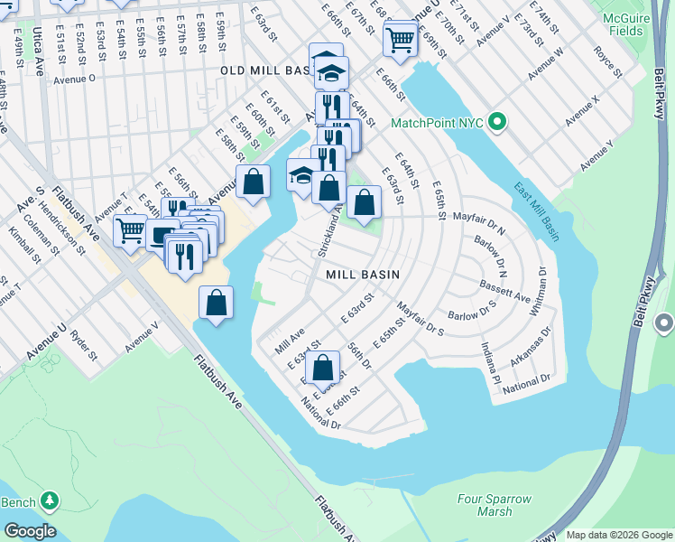map of restaurants, bars, coffee shops, grocery stores, and more near 2235 East 57th Place in Brooklyn