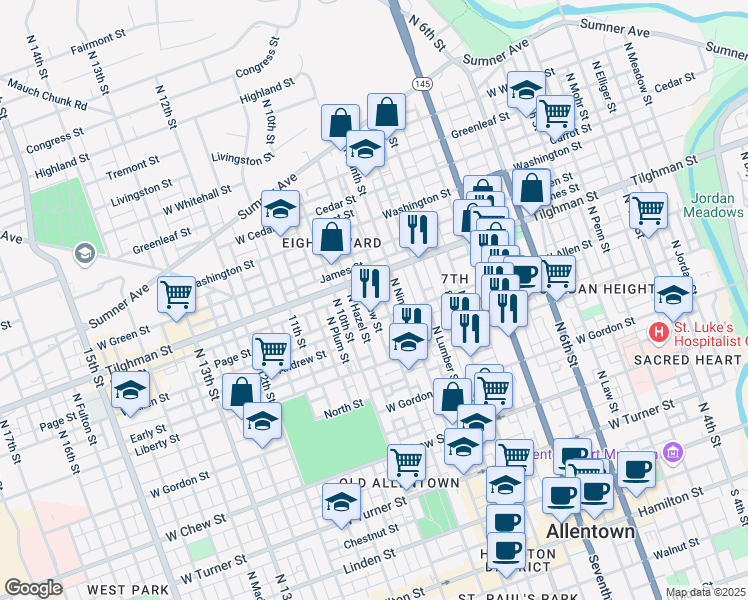 map of restaurants, bars, coffee shops, grocery stores, and more near 913 Allen Street in Allentown