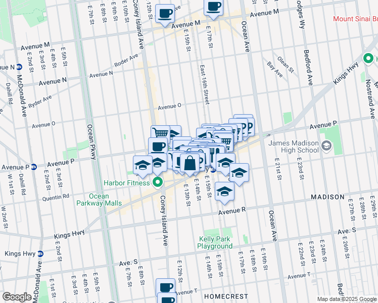 map of restaurants, bars, coffee shops, grocery stores, and more near 1630 East 15th Street in Brooklyn