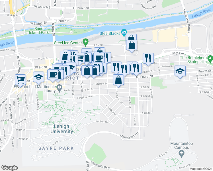 map of restaurants, bars, coffee shops, grocery stores, and more near 602 East 5th Street in Bethlehem