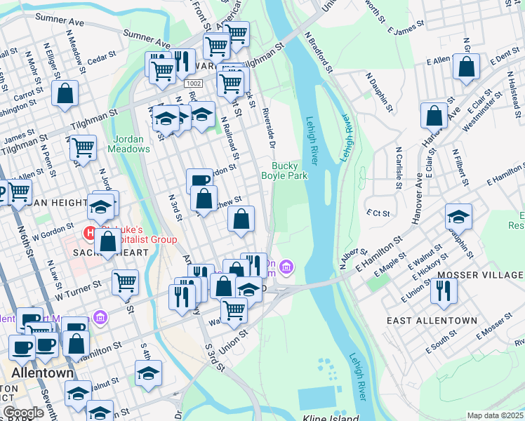 map of restaurants, bars, coffee shops, grocery stores, and more near 220 North Front Street in Allentown
