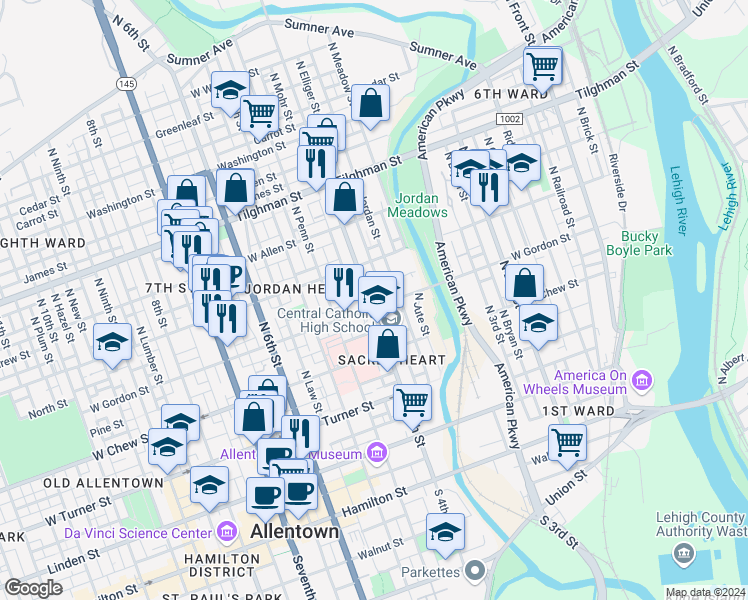 map of restaurants, bars, coffee shops, grocery stores, and more near 405 North 4th Street in Allentown