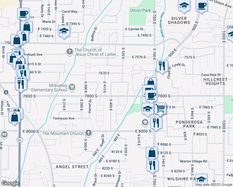 map of restaurants, bars, coffee shops, grocery stores, and more near 489 East 7800 South in Midvale