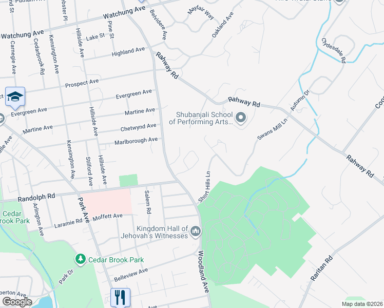 map of restaurants, bars, coffee shops, grocery stores, and more near 23 Blue Ridge Circle in Scotch Plains