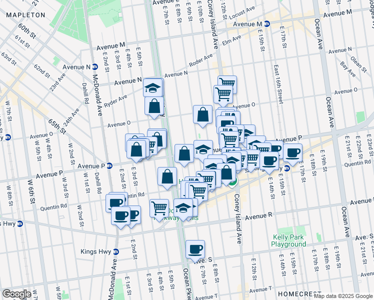 map of restaurants, bars, coffee shops, grocery stores, and more near 1690 East 7th Street in Brooklyn