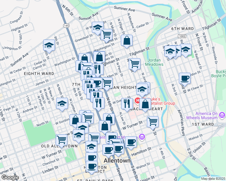 map of restaurants, bars, coffee shops, grocery stores, and more near 439 North 6th Street in Allentown