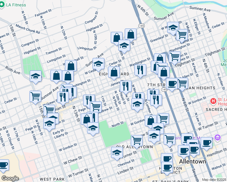 map of restaurants, bars, coffee shops, grocery stores, and more near 639 North Howard Street in Allentown