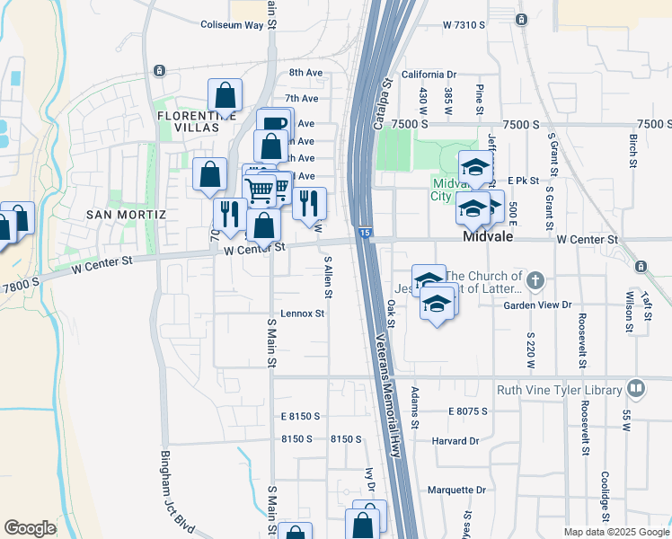 map of restaurants, bars, coffee shops, grocery stores, and more near 7777 South 600 West in Midvale