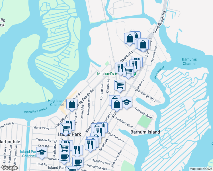 map of restaurants, bars, coffee shops, grocery stores, and more near 28 Kildare Road in Island Park