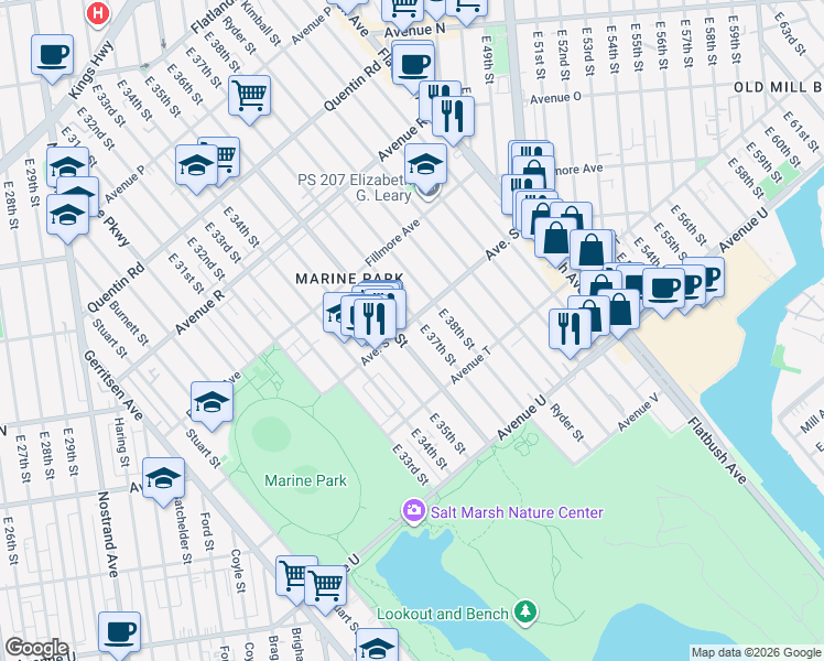 map of restaurants, bars, coffee shops, grocery stores, and more near 2023 East 36th Street in Brooklyn