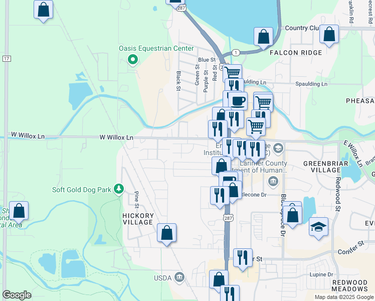 map of restaurants, bars, coffee shops, grocery stores, and more near 240 Urban Prairie Street in Fort Collins