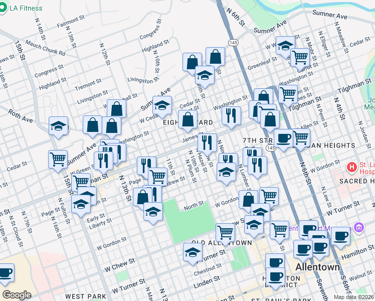 map of restaurants, bars, coffee shops, grocery stores, and more near 639 North Howard Street in Allentown