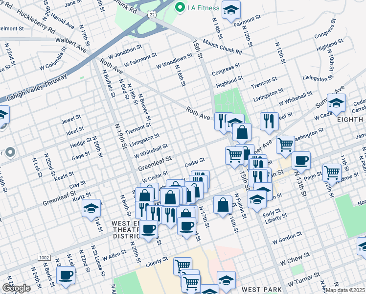 map of restaurants, bars, coffee shops, grocery stores, and more near 905 North 17th Street in Allentown