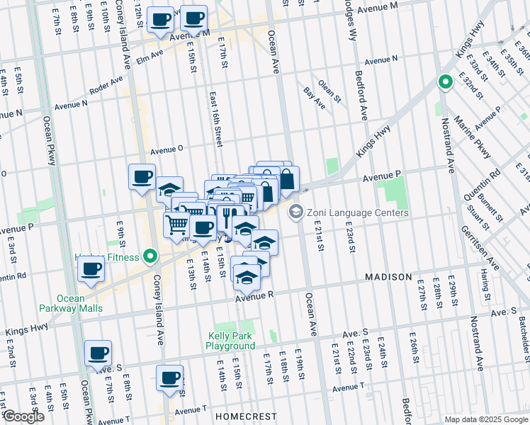 map of restaurants, bars, coffee shops, grocery stores, and more near 1712 Kings Highway in Brooklyn