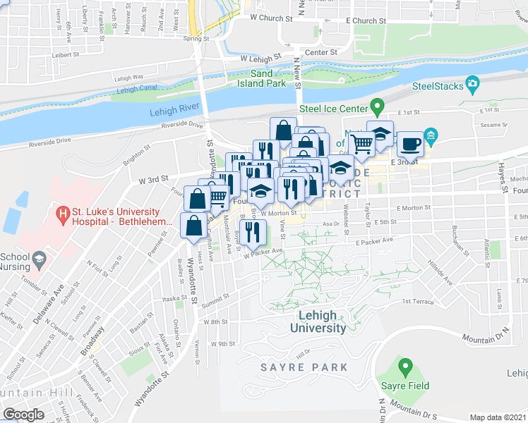 map of restaurants, bars, coffee shops, grocery stores, and more near 121 West Morton Street in Bethlehem