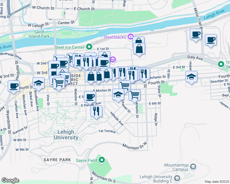 map of restaurants, bars, coffee shops, grocery stores, and more near 431 Pierce Street in Bethlehem