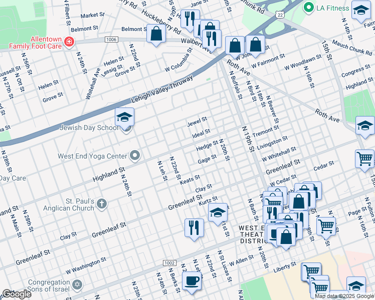 map of restaurants, bars, coffee shops, grocery stores, and more near 2118 West Highland Street in Allentown