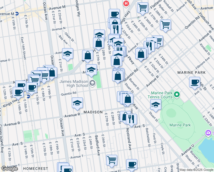 map of restaurants, bars, coffee shops, grocery stores, and more near 2802 Quentin Road in Brooklyn