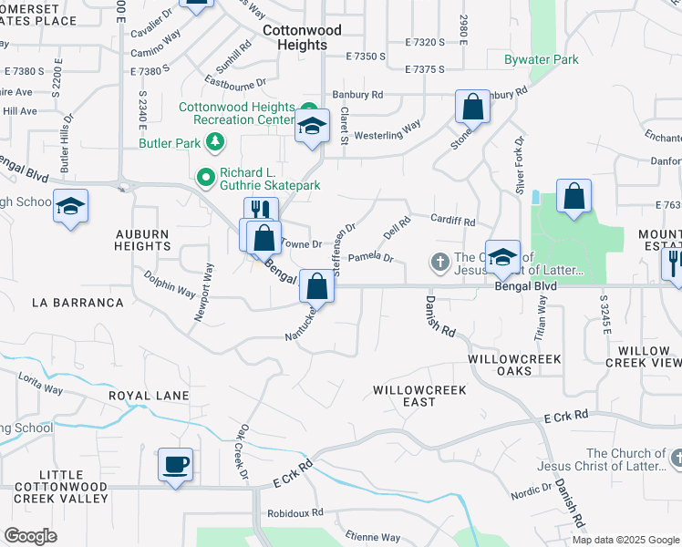 map of restaurants, bars, coffee shops, grocery stores, and more near 7775 Steffensen Drive in Cottonwood Heights