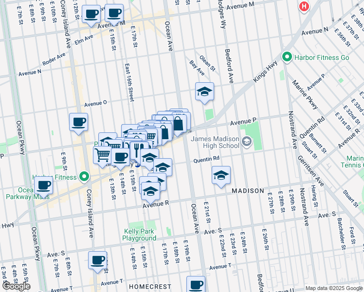 map of restaurants, bars, coffee shops, grocery stores, and more near 1661 East 19th Street in Brooklyn
