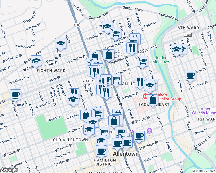 map of restaurants, bars, coffee shops, grocery stores, and more near 511 Park Street in Allentown