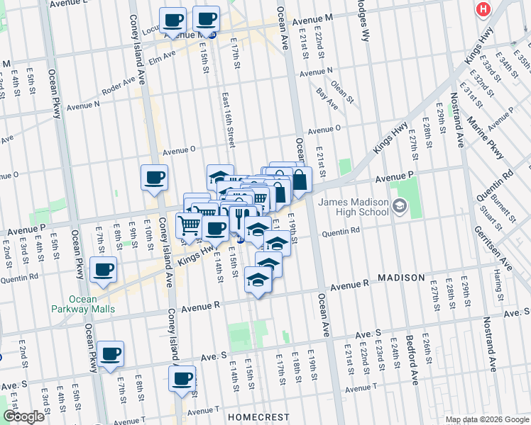 map of restaurants, bars, coffee shops, grocery stores, and more near 1726 Kings Highway in Brooklyn