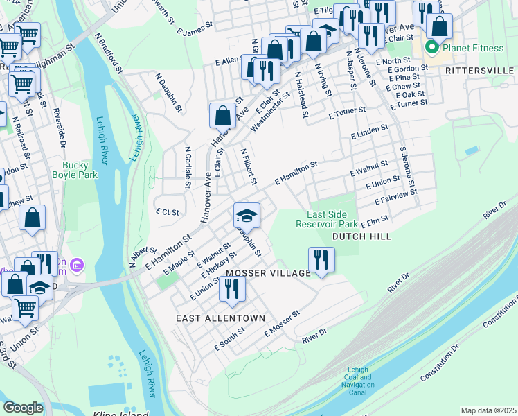 map of restaurants, bars, coffee shops, grocery stores, and more near 23 South Ellsworth Street in Allentown