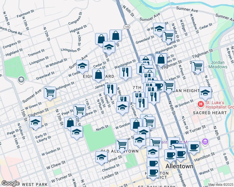 map of restaurants, bars, coffee shops, grocery stores, and more near 620 North 9th Street in Allentown
