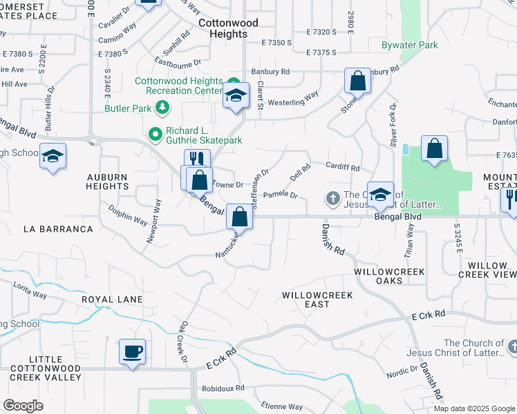 map of restaurants, bars, coffee shops, grocery stores, and more near 7775 Steffensen Drive in Cottonwood Heights