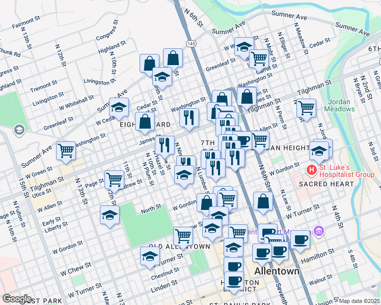 map of restaurants, bars, coffee shops, grocery stores, and more near 823-825 West Allen Street in Allentown