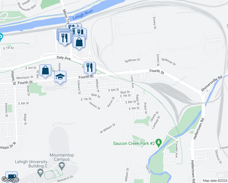 map of restaurants, bars, coffee shops, grocery stores, and more near 603 Aaron Street in Bethlehem