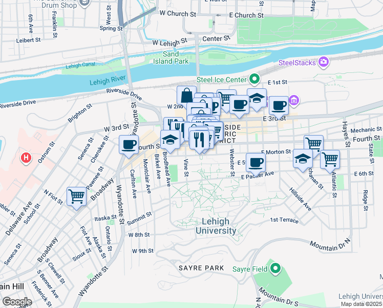 map of restaurants, bars, coffee shops, grocery stores, and more near 19 West Morton Street in Bethlehem