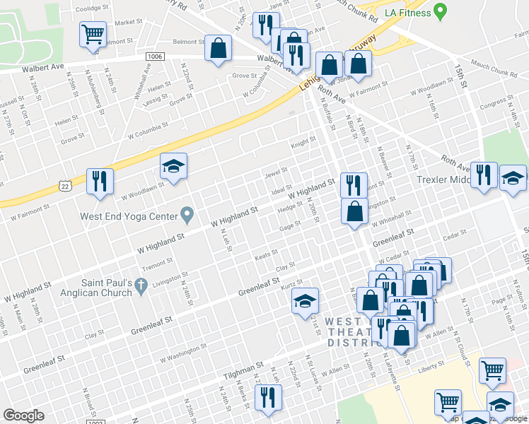 map of restaurants, bars, coffee shops, grocery stores, and more near 2116 West Highland Street in Allentown
